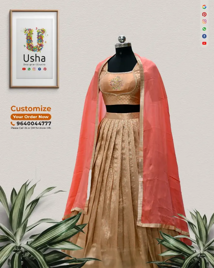 Peach Gold Tissue Saree transformed into a modern crop top lehenga with hand-crafted aari work on the choli blouse by Usha Designer Studio, Vijayawada.