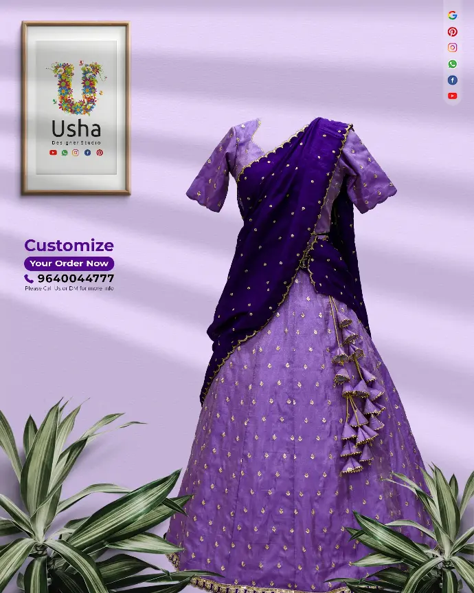 Royal violet and lavender semi-stitched croptop lehenga with heart-neck blouse, gold butti embroidery, scalloped edges, and handcrafted latkans by Usha Designer Studio.