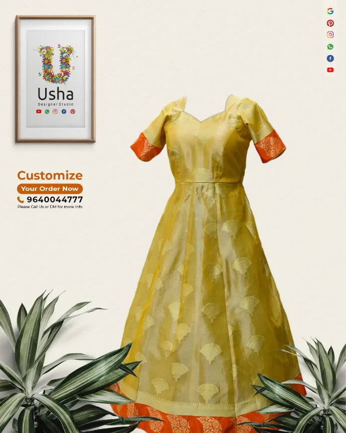 Tailor-made long frock in yellow and orange, crafted from an old silk blend saree by Usha Designer Studio, featuring a diamond neck, full sleeves, and kalli cut ghera.