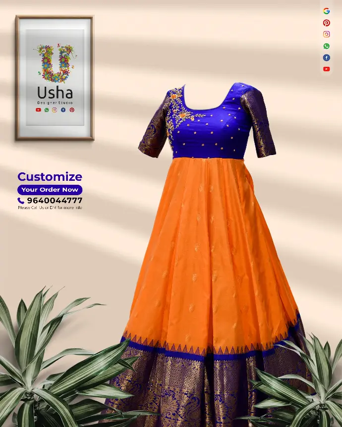Orange and royal blue Kanchi Pattu long frock with zari border, featuring floral Aari embroidery on the yoke and a diamond neckline, custom-tailored by Usha Designer Studio.