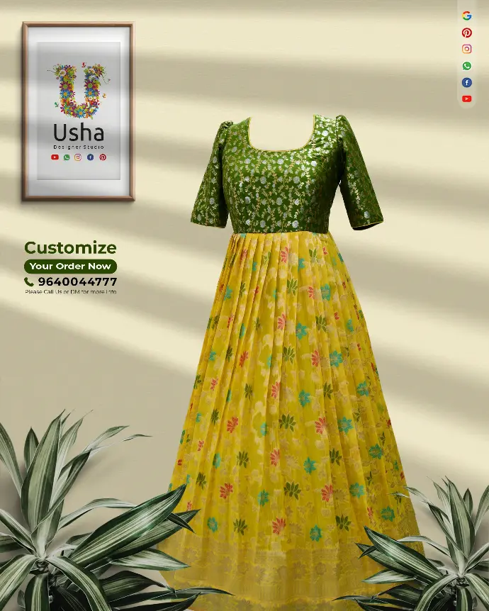 Usha Designer Studio bespoke long frock featuring a green Banarasi butta U-neck top and long sleeves, paired with a pleated golden-yellow floral skirt. Custom tailored designer long dress