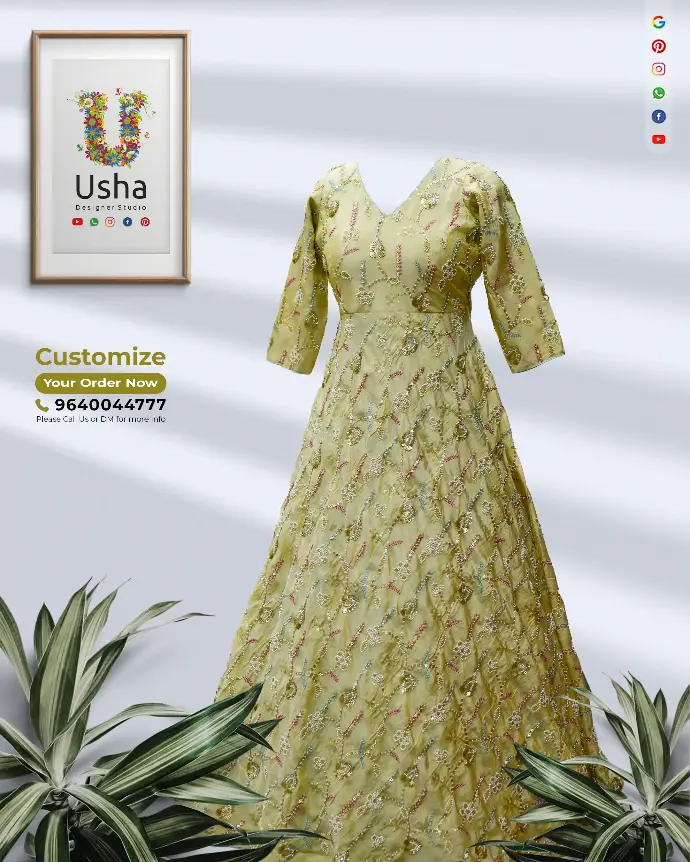 Pastel pistachio chinon silk longfrock with V-neckline, bracelet-length sleeves, and all-over sequin and bead embroidery, designed by Usha Designer Studios.