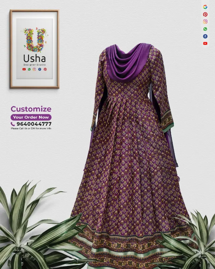 Purple long frock made from saree with gold motifs, bracelet sleeves, and matching cowl dupatta by Usha Designer Studio, Vijayawada.