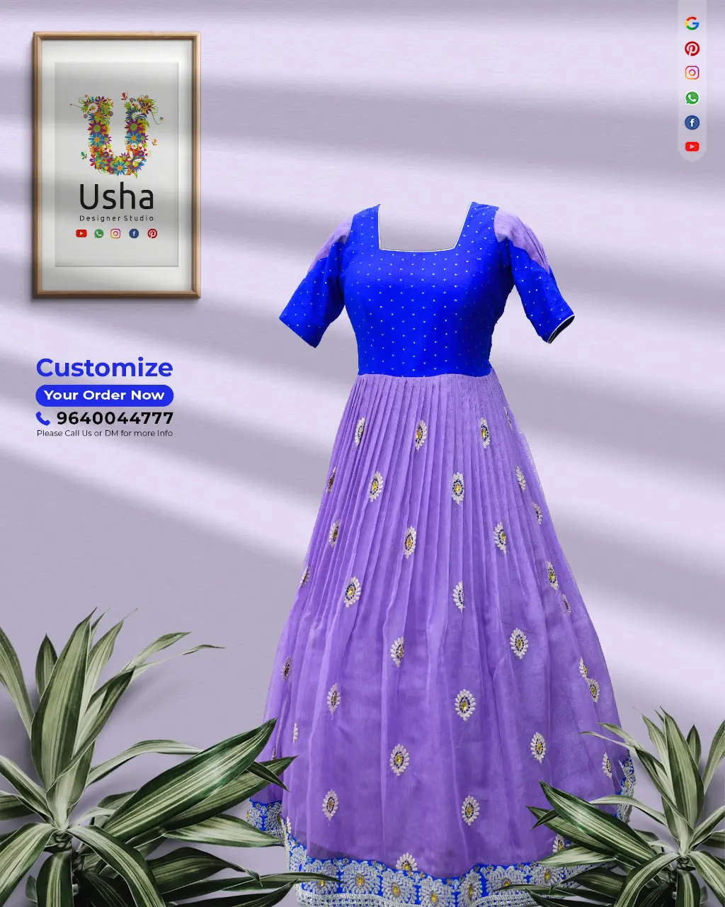 Usha Designer Studio bespoke long frock with a navy blue square-neck embellished bodice, pleated shoulder sleeves, and a lavender pleated embroidered skirt with intricate border detailing. Custom tailored designer long dress.