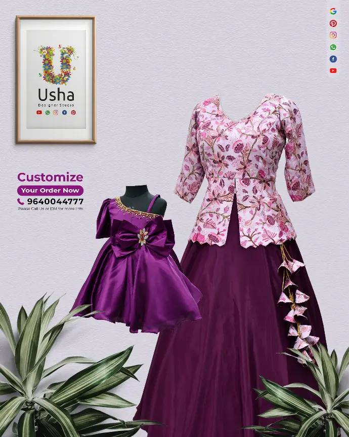 Tailor-made mom-and-daughter coordinated designer set in wine-hued brembery satin and satin crape by Usha Designer Studio, Vijayawada; features daughter’s asymmetric single-shoulder frock with hand-embroidered waist bow, and mother’s peplum choli blouse with sequin floral embroidery, bracelet sleeves, V-neck, and lehenga with heavy latkans — perfect for special occasions.