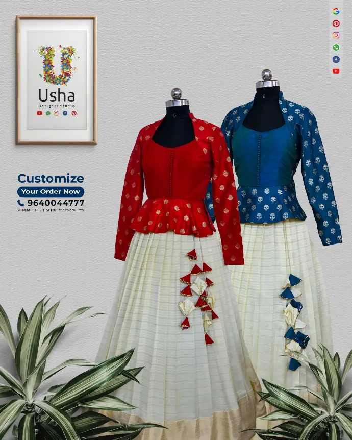 Tailor-made designer crop top lehenga sets for sisters, featuring coordinated red and blue silk peplum choli blouses with gold motifs and cream pattu lehengas, handcrafted by Usha Designer Studio, Vijayawada.