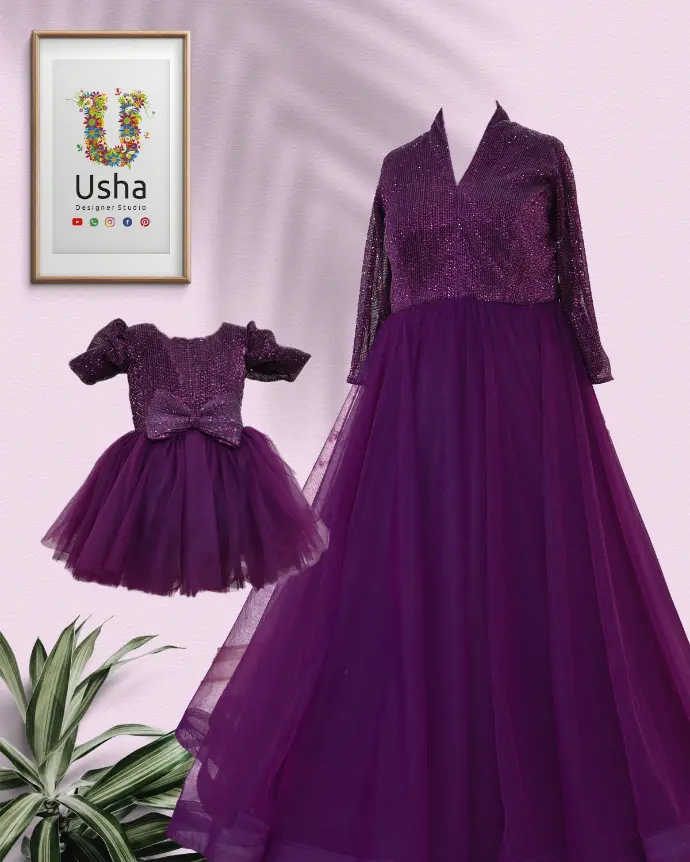 Contemporary matching mother and daughter long frock set in rich wine-colored soft net with sequin-embellished yokes, custom-designed by Usha Designer Studio for special occasions and celebrations.