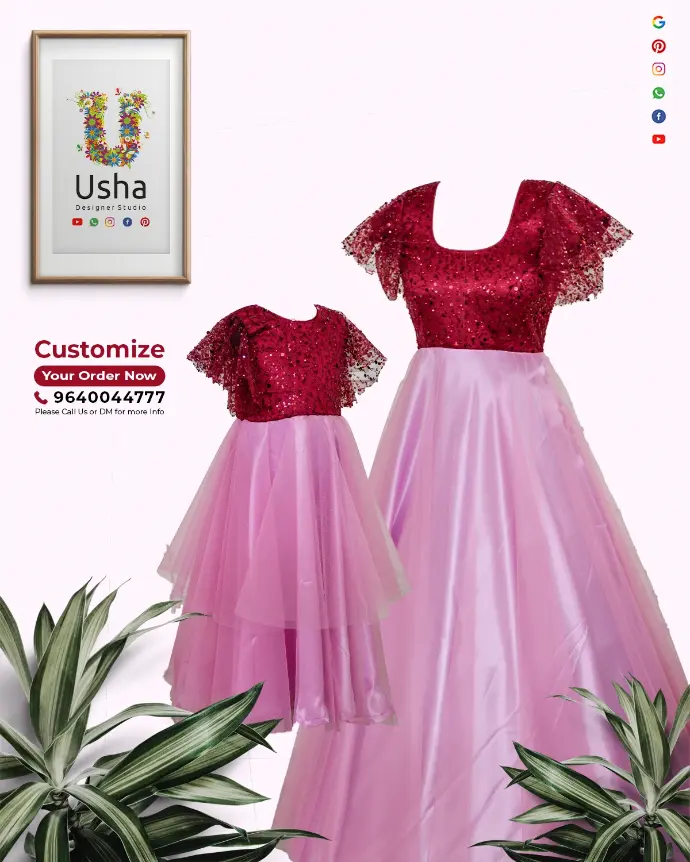 Mother and daughter wearing matching designer outfits by Usha Designer Studio, Vijayawada. The mother is dressed in a softnet crop top lehenga with a designer yoke featuring sequin embroidery on rich red fabric, while the daughter wears a coordinated frock with a voluminous layered pink net skirt. Perfect for family celebrations and special occasions.