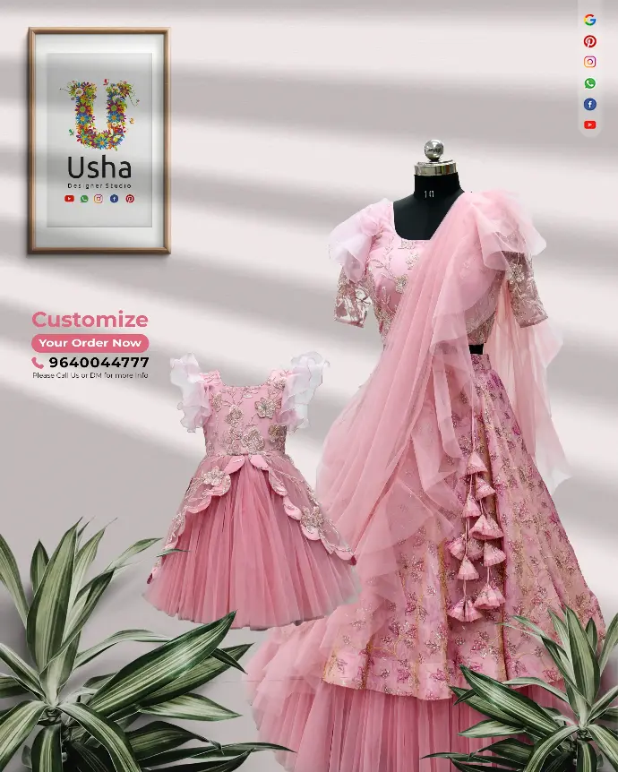 Matching mother and daughter designer outfits in pastel pink by Usha Designer Studio, Vijayawada—mom in a softnet crop-top lehenga with sequin embroidery, ruffle dupatta, and handcrafted tassels; daughter in a layered net frock with floral detailing.