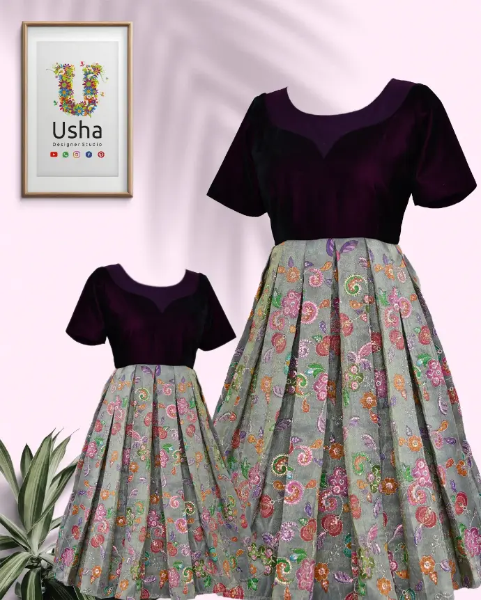 Mom and daughter wearing matching designer outfits by Usha Designer Studio, crafted in luxurious maqmal (velvet) and floral printed fabric with sparkling sequin embellishments, showcasing traditional Indian craftsmanship and skilled artistry—perfect for special celebrations and family occasions.