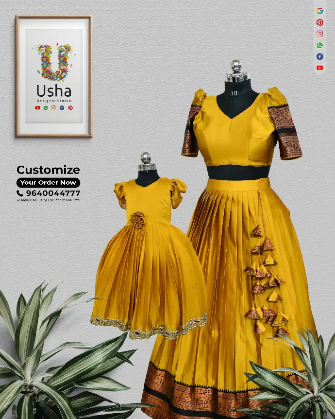 Designer mother and daughter combo in rich mustard yellow silk saree fabric by Usha Designer Studio, featuring elegant pleated lehengas, zari-embroidered puff sleeves, handcrafted latkans, and detailed intricate borders — perfect for festive celebrations and family occasions.