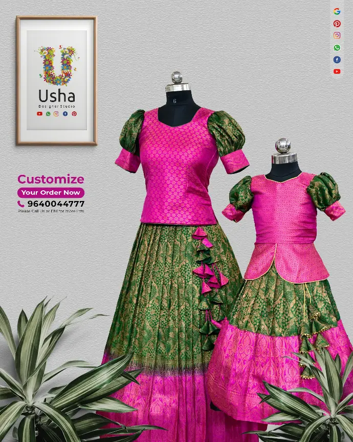Designer crop top lehenga combo for sisters by Usha Designer Studio, crafted from Banaras sarees in vibrant pink and green hues. Features include puffed sleeves, peplum choli blouses, opulent zari weaving, and exquisite handcrafted latkans—perfect for festive occasions and celebrations.