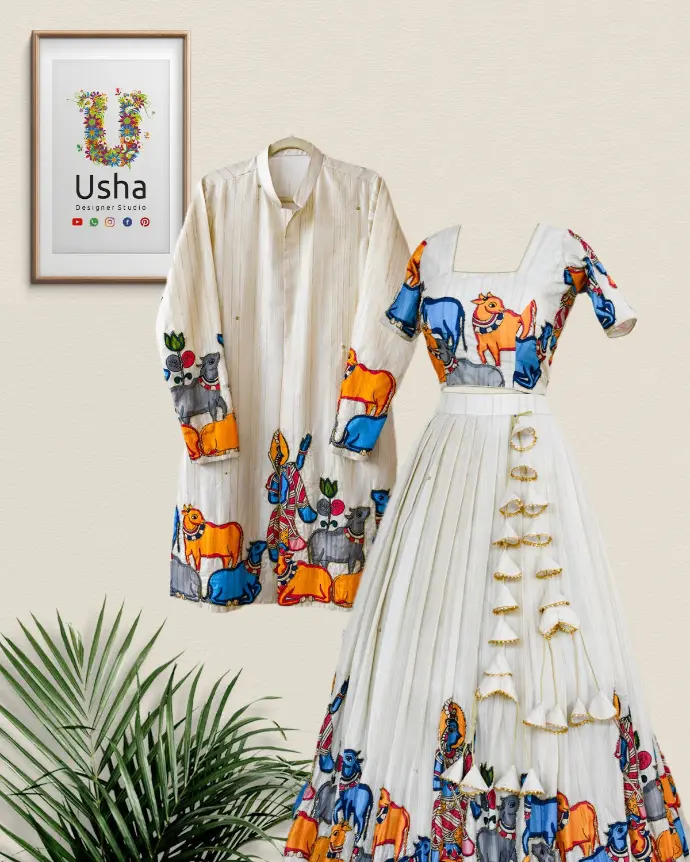 Contemporary designer couple combo crafted from premium Chiniya fabric by Usha Designer Studio, featuring hand-appliquéd Kalamkari motifs, intricate Aari embroidery highlights, and statement heavy latkans, exuding modern elegance and artisanal charm—bespoke tailored for stylish couples.