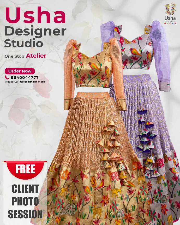 Sisters wearing Usha Designer Studio’s 'Sisterly Elegance' ensemble, featuring coordinated crop top lehengas with handcrafted heavy latkans and printed synthetic sarees with traditional Paithani borders, styled for a complimentary professional fashion portfolio photoshoot.