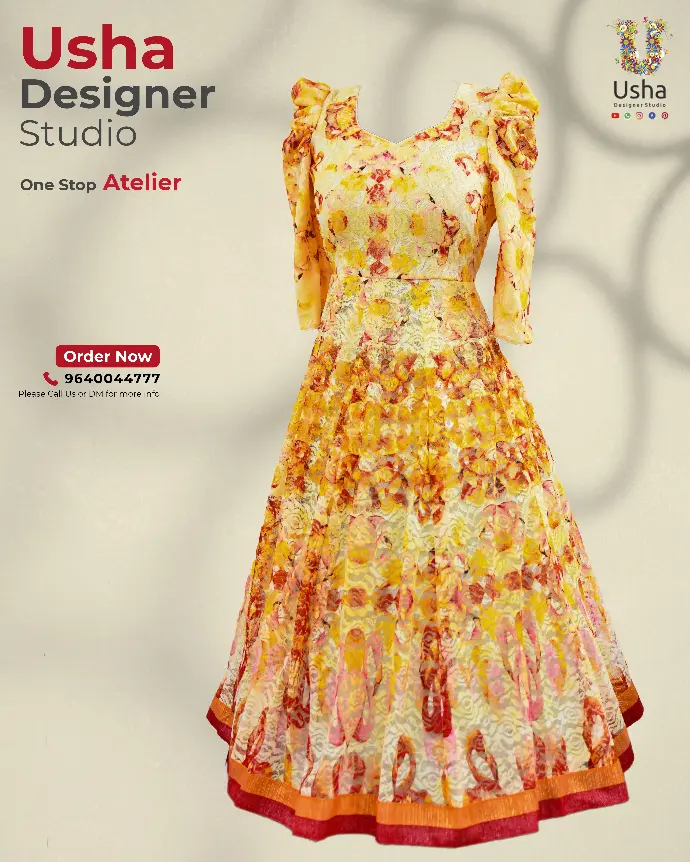 Amber Indo-Western frock with floral texture, pleated skirt, puffed shoulders and warm-toned hem by Usha Designer Studio