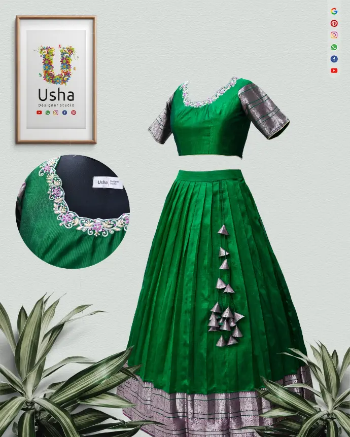 Bespoke black and gold Kuppadam Pattu crop top lehenga by Usha Designer Studio. Features a V-neck top with Aari work, pleated lehenga skirt with gold border, and heavy hand-crafted latkans.