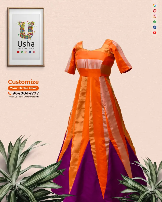 Bespoke orange and purple designer long frock by Usha Designer Studio. Saree-to-long-frock transformation with a U-neckline and a modern Kalli Cut flare.