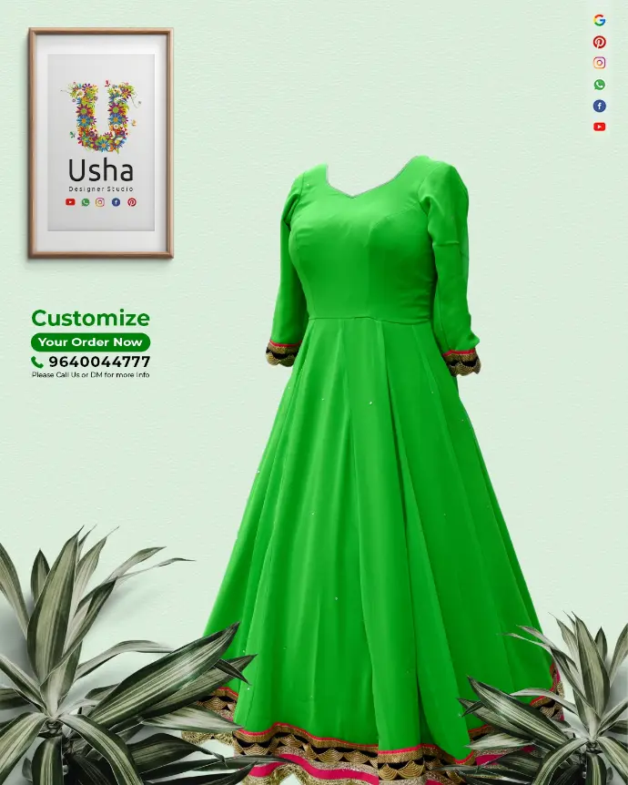 Bespoke green designer long frock by Usha Designer Studio, created from a 15-year-old saree. Features a diamond neckline, bracelet sleeves, and a Kalli Cut flare.