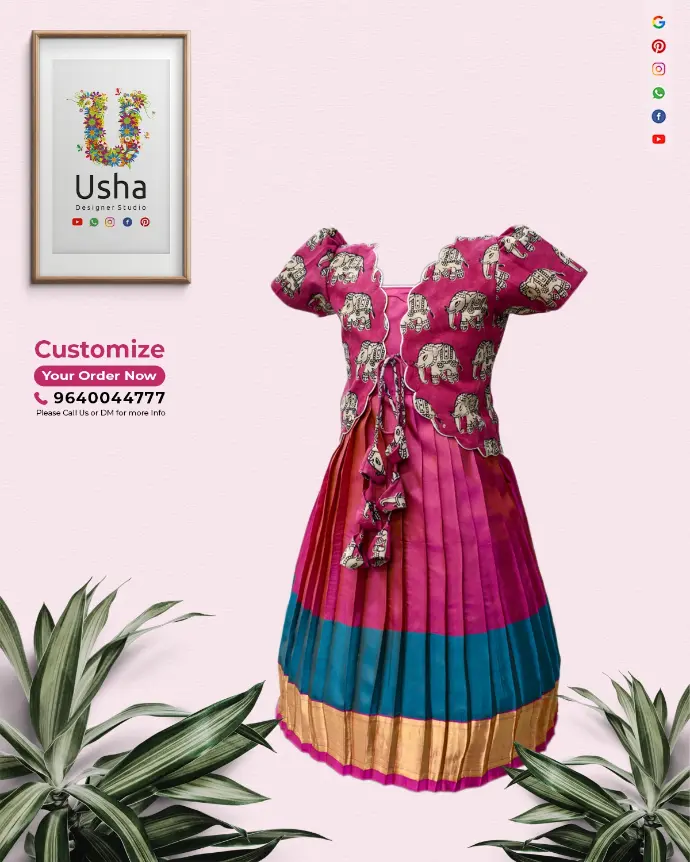 Bespoke kids' 3-piece frock by Usha Designer Studio, upcycled from heirloom blouse fabric. Features a pleated frock with a Kalamkari overcoat with scalloped edges and tie-up knot.
