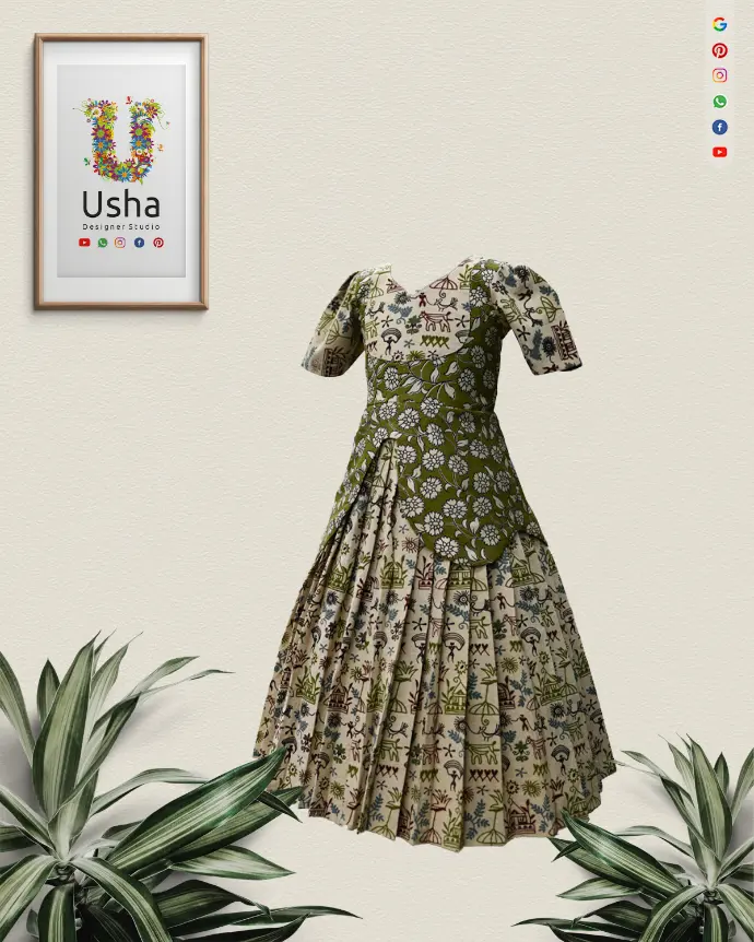 Bespoke Kalamkari kids' frock by Usha Designer Studio. Features a V-neckline and a pleated Gera (flare). Tailor-made kids' outfit.