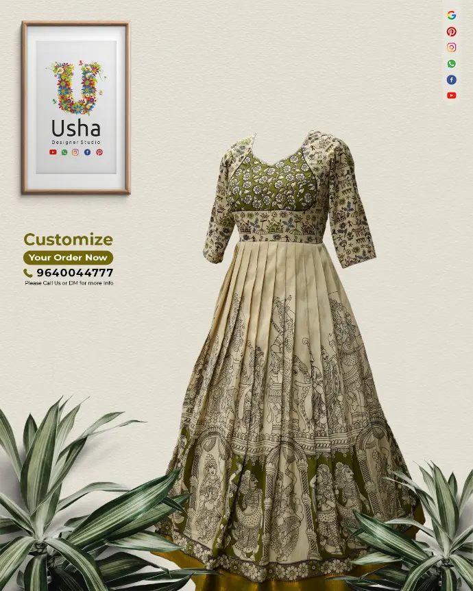 Bespoke Kalamkari long frock by Usha Designer Studio. Features a diamond neckline, bracelet sleeves, and a pleated Gera (flare). Tailor-made designer outfit