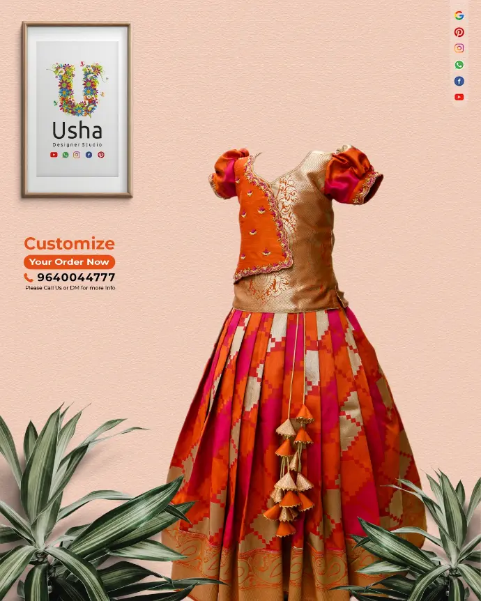 Bespoke kids' crop top lehenga by Usha Designer Studio, upcycled from a pure pattu heirloom saree. Features a flap-style yoke choli with Aari work and scalloped edges, a pleated lehenga, and hand-crafted latkans