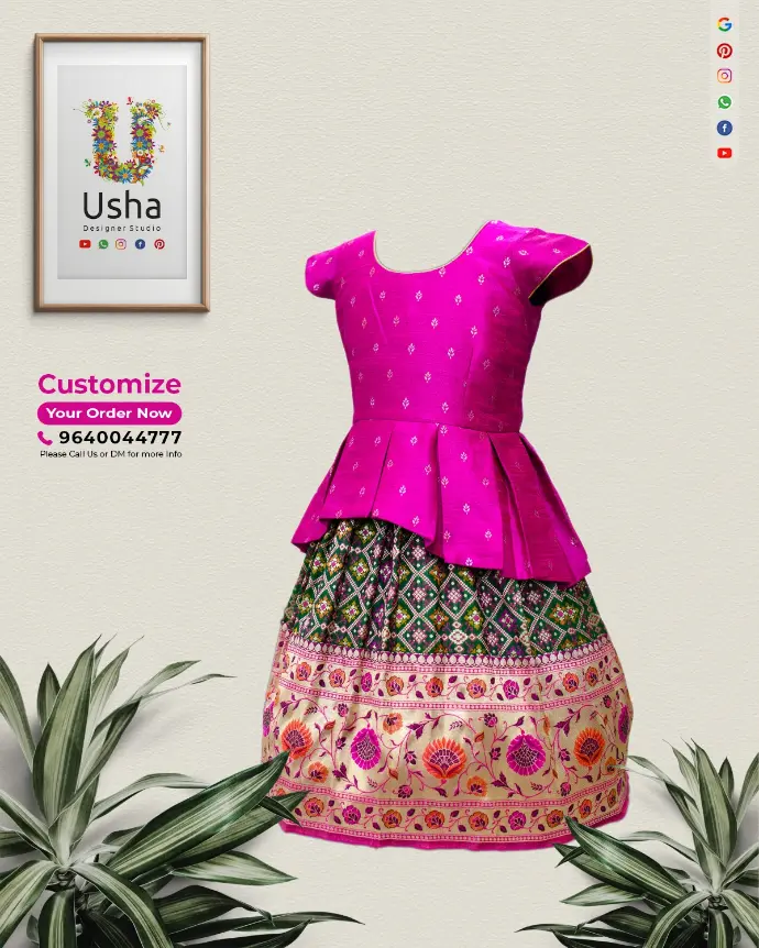 Bespoke kids' Paithani peplum crop top lehenga by Usha Designer Studio. Features a Banarasi butta peplum blouse and a Paithani lehenga skirt.