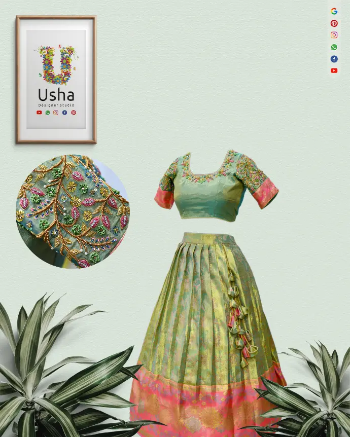 Bespoke green and gold Kanchi Pattu crop top lehenga by Usha Designer Studio. Upcycled saree featuring Aari work blouse, pleated lehenga, and hand-crafted latkans.