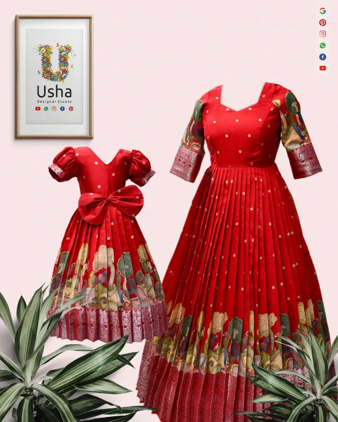 Red pure pattu silk mom and daughter matching long frocks with diamond and V-neck designs, gold butta weave, temple border, and pleated finish – Usha Designer Studio.