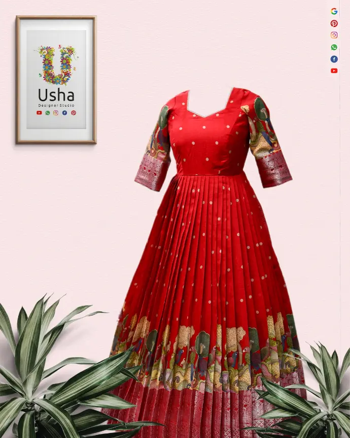Red pure pattu silk mom and daughter matching long frocks with diamond and V-neck designs, gold butta weave, temple border, and pleated finish – Usha Designer Studio.