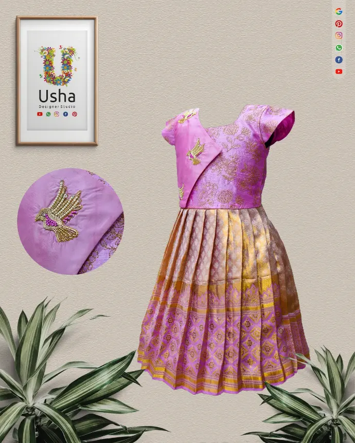 Bespoke kids pattu frock in lavender silk with bird motif Aari embroidery and golden mustard pleated lehenga – Usha Designer Studio.