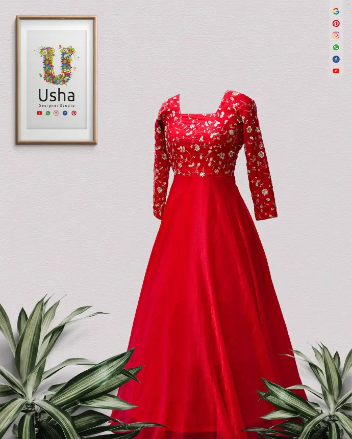 Vibrant red long frock with machine-embroidered floral yoke, sequins, beads, bracelet sleeves, and heavy gera, Tailor-Made Outfits by Usha Designer Studio.