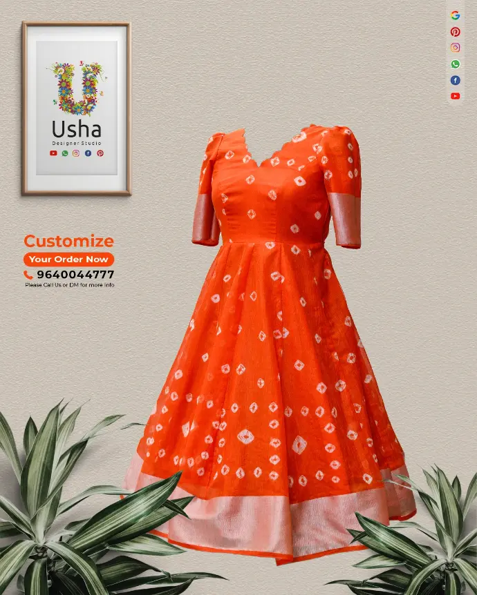 Upcycled orange saree turned into short frock with scalloped V-neck and elbow sleeves – Usha Designer Studio.