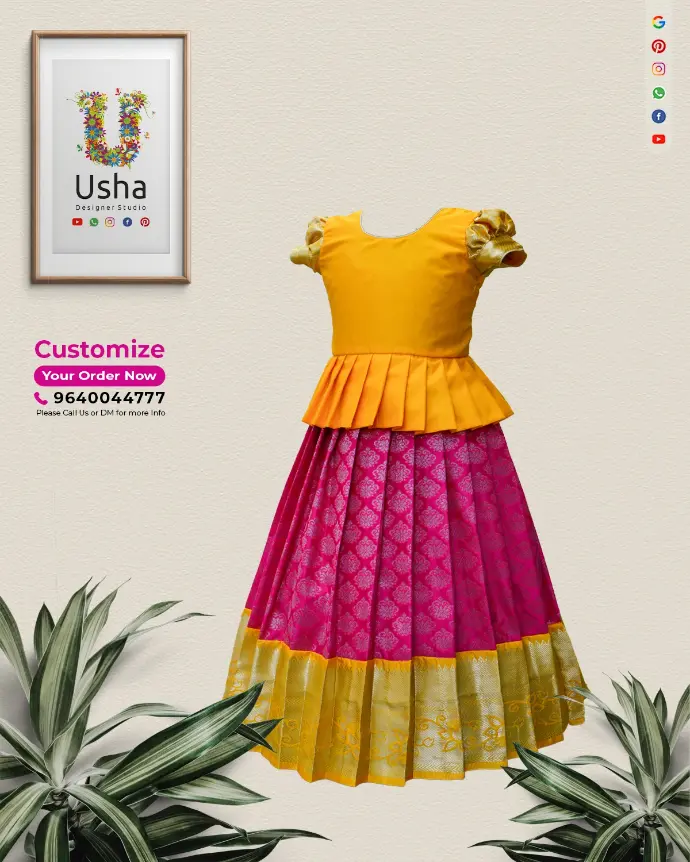 Kids Peplum Croptop Lehenga in Pure Kanchi Pattu – Yellow Peplum Blouse with Half-Inch Pleats and Pink Zari Lehenga with 1-Inch Pleats, Golden Border by Usha Designer Studio Vijayawada