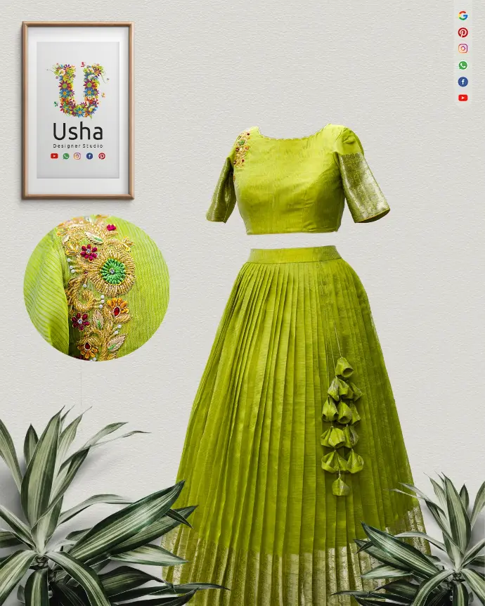 Pista Green Pure Mangalagiri Pattu Saree transformed into Crop Top Lehenga with boat neck scalloped blouse, Aari embroidery, pleated skirt, and handcrafted heavy latkans by Usha Designer Studio Vijayawada.