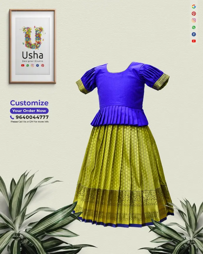 Kids Peplum Croptop Lehenga in Pure Kanchi Pattu – Royal Blue Blouse with Half-Inch Pleats and Green Zari Lehenga with 1-Inch Pleats by Usha Designer Studio Vijayawada
