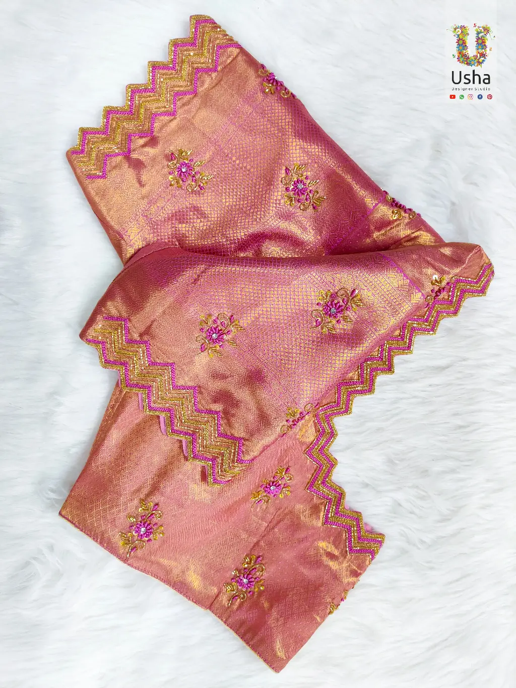 Peach Pink Silk Blouse Fabric with Intricate Aari Embroidery and Golden Zari Work by Usha Designer Studio, Vijayawada