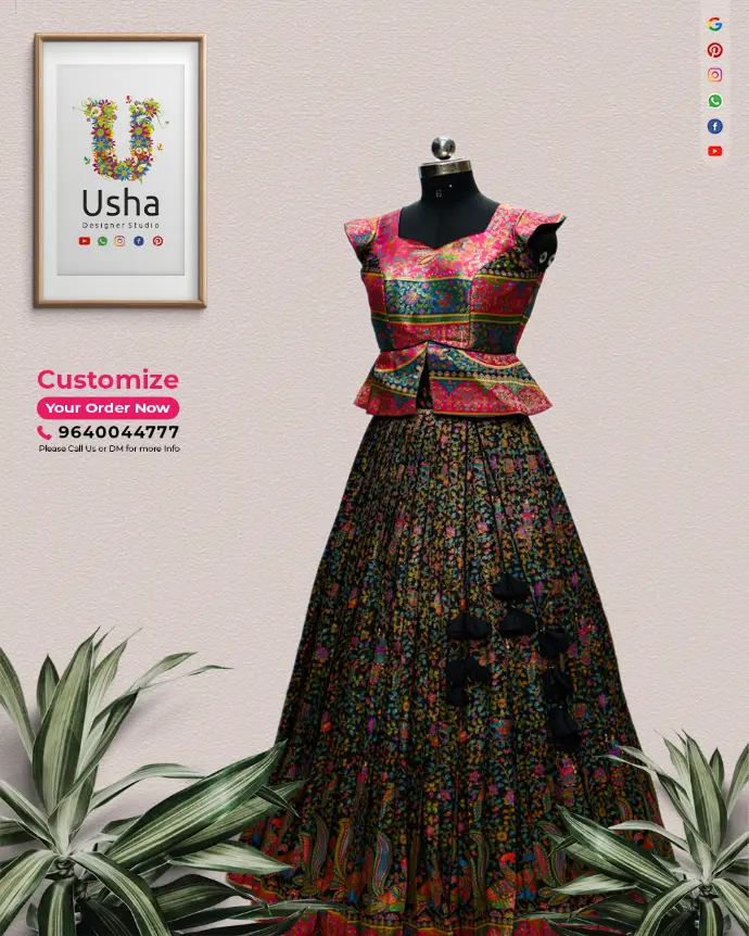 Bhagalpuri silk crop top lehenga with peplum style choli featuring mega sleeves and handcrafted black latkans, custom tailored by Usha Designer Studio Vijayawada
