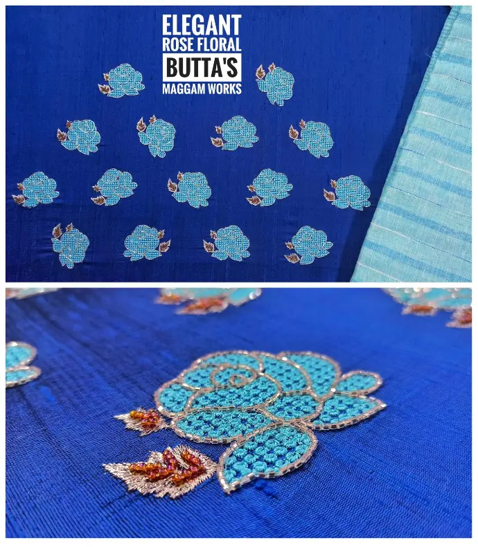 Blue silk blouse fabric with elegant rose floral butta computer embroidery in turquoise and gold, designed by Usha Designer Studio.