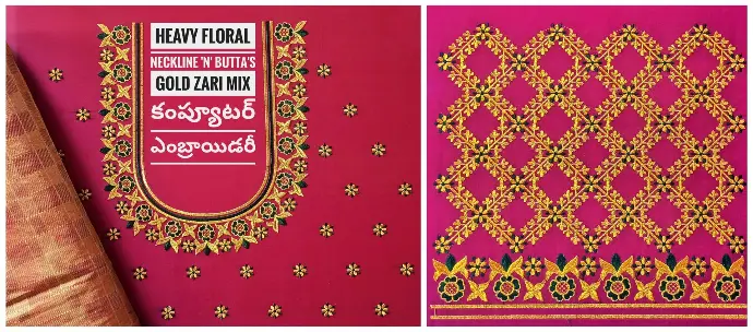 Custom gold zari mix floral computer embroidery neckline and buttas on pink fabric by Usha Designer Studio, Vijayawada