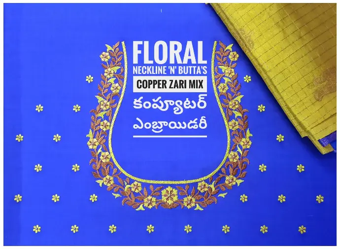 Discover tailor-made computer embroidery from Usha Designer Studio in Vijayawada, featuring exquisite floral necklines and butta motifs crafted with copper zari mix on rich royal blue fabric. From bridal wear to custom sarees and blouses, our studio blends modern embroidery technology with traditional artistry, delivering vibrant, personalized designs for your unique wardrobe needs. Visit us for expert computer embroidery, maggam work, and standout ethnic fashions in Vijayawada.