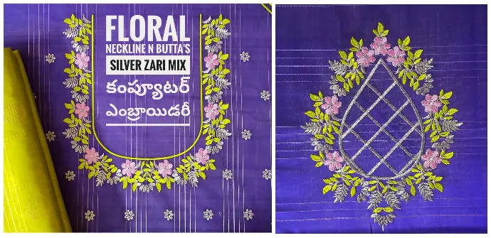Custom silver zari mix floral computer embroidery neckline and buttas on royal purple fabric by Usha Designer Studio, Vijayawada