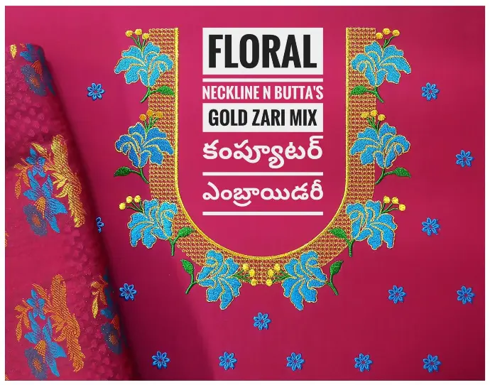 Elevate your ethnic wardrobe with a vibrant magenta blouse featuring stunning floral computer embroidery along a graceful U-neck and scattered buttas. The elegant mix of blue and gold zari threads by Usha Designer Studio, Vijayawada, merges modern machine embroidery with traditional motifs for weddings and festive occasions.