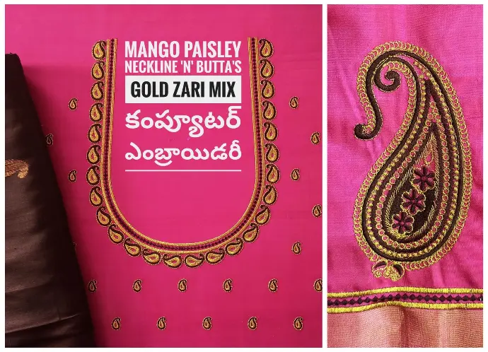 Custom mango paisley gold zari mix computer embroidery neckline and buttas on pink fabric by Usha Designer Studio, Vijayawada