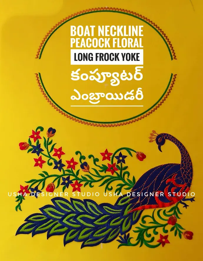 Yellow blouse fabric with an intricate boat neckline, vibrant peacock and multicolor floral computer embroidery, crafted by Usha Designer Studio, Vijayawada.