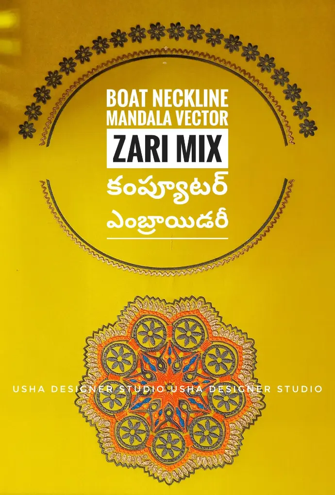 Yellow blouse fabric with an intricate boat neckline mandala vector design and multicolor zari mix embroidery, crafted by Usha Designer Studio, Vijayawada.