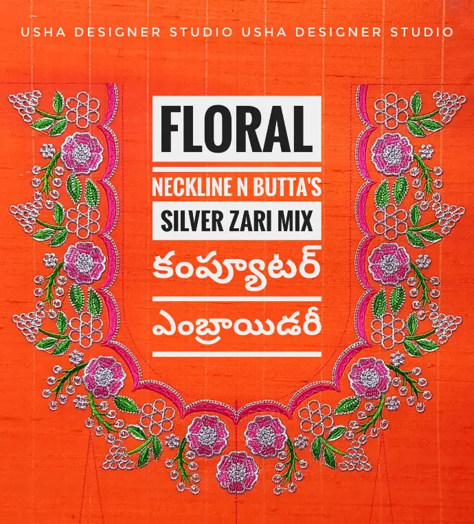 Vibrant orange blouse fabric with intricate floral neckline and silver zari computer embroidery by Usha Designer Studio, Vijayawada.