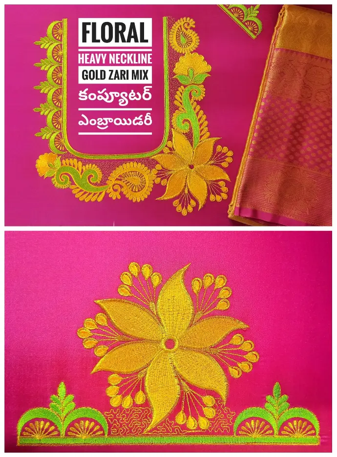 Vibrant pink silk blouse fabric featuring rich gold floral embroidery with green accents and a heavy computer-embroidered neckline, handcrafted by Usha Designer Studio.