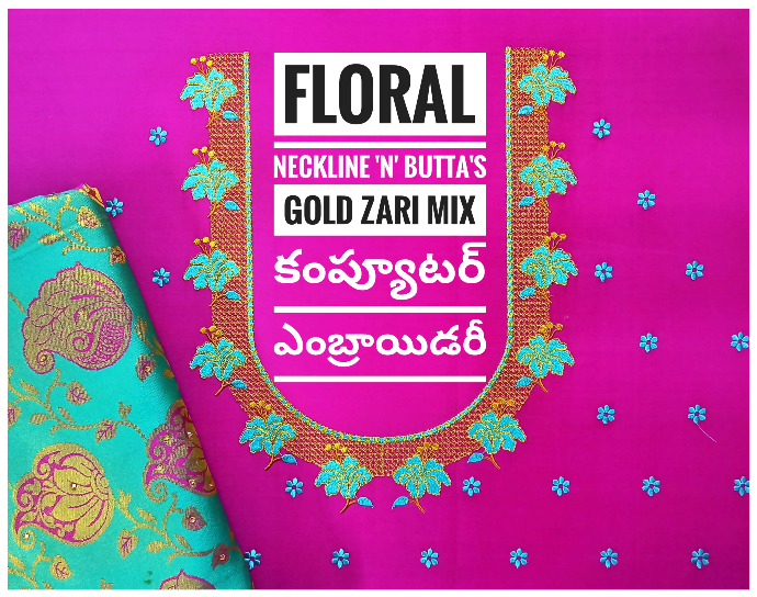 Magenta floral computer embroidery blouse with U-neck design, blue and gold zari motif buttas by Usha Designer Studio Vijayawada