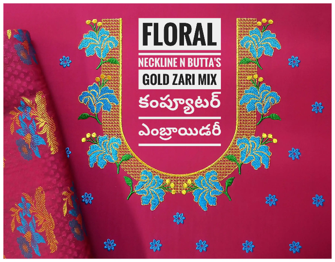 Magenta blouse with floral computer embroidery, U-neck design, blue and gold zari buttas, custom-made by Usha Designer Studio Vijayawada